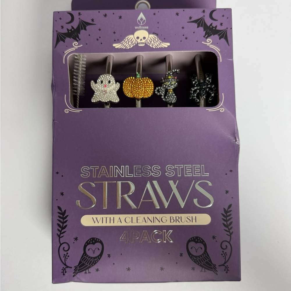 Halloween Reusable Bejeweled Straws 4 Pack with Cleaning Brush NWT - Picture 4 of 5